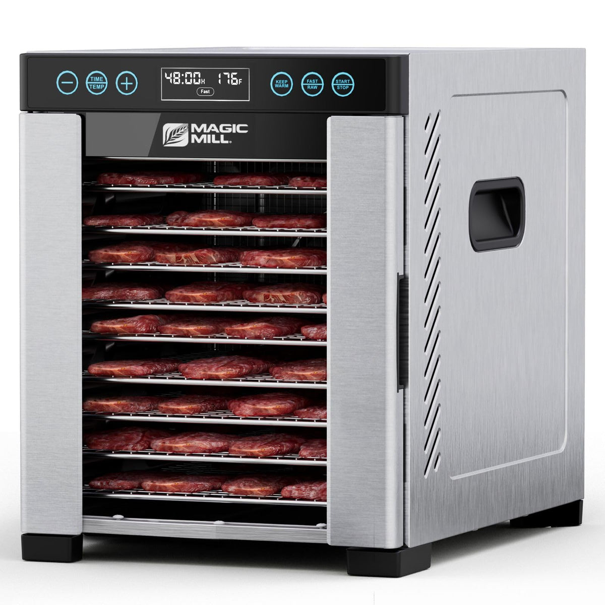 Magic Mill Pro dehydrator rear-mounted fan for even drying of jerky and herbs.