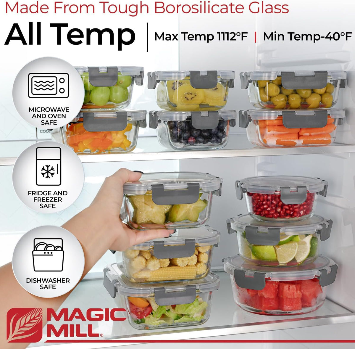Magic Mill rectangle 21-5oz 6-75x5 container preserves freshness for lunches.
