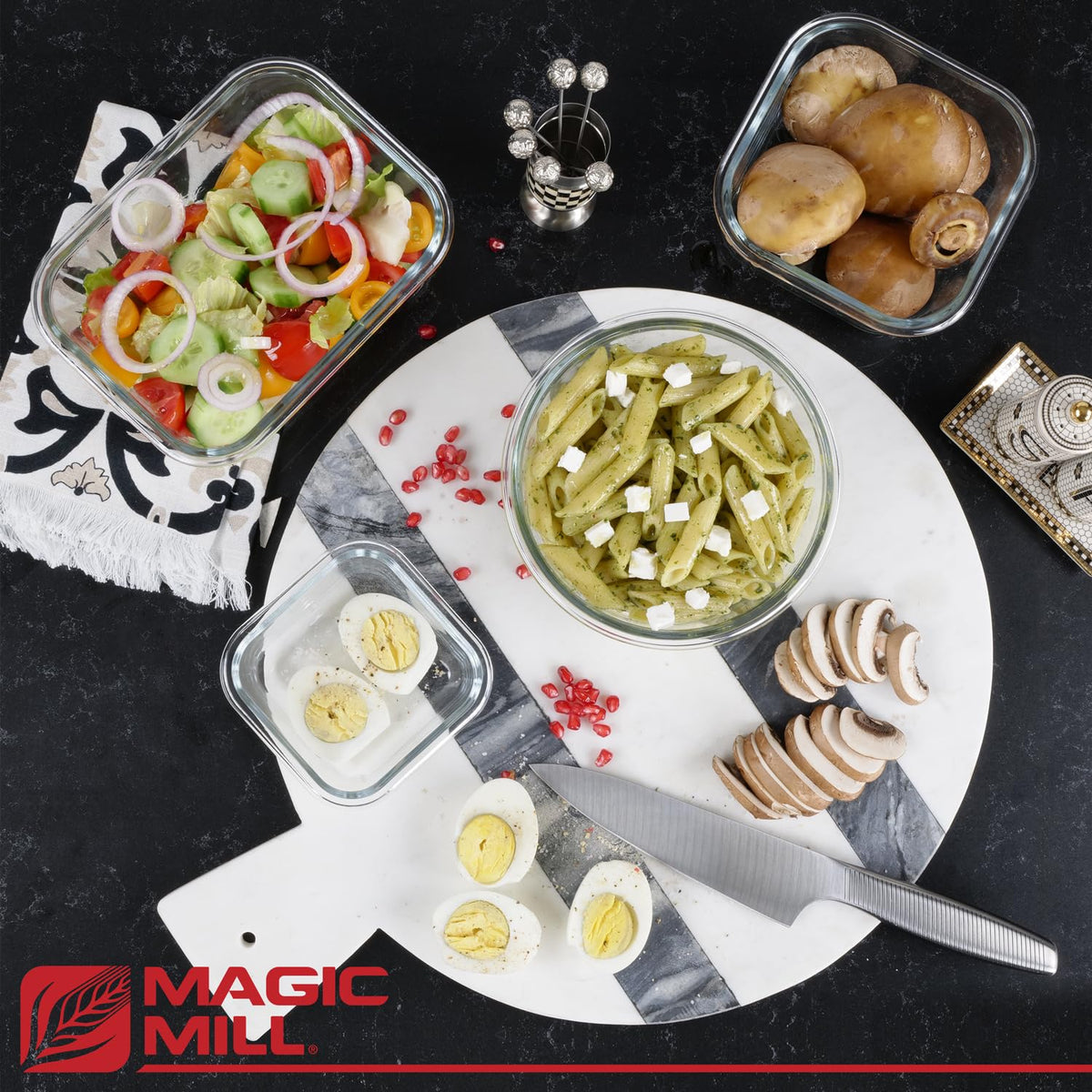 Magic Mill rectangle 12 oz glass container for snacks and sides.