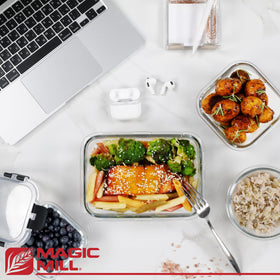 Magic Mill square 11 oz glass container for sauces and dressings.