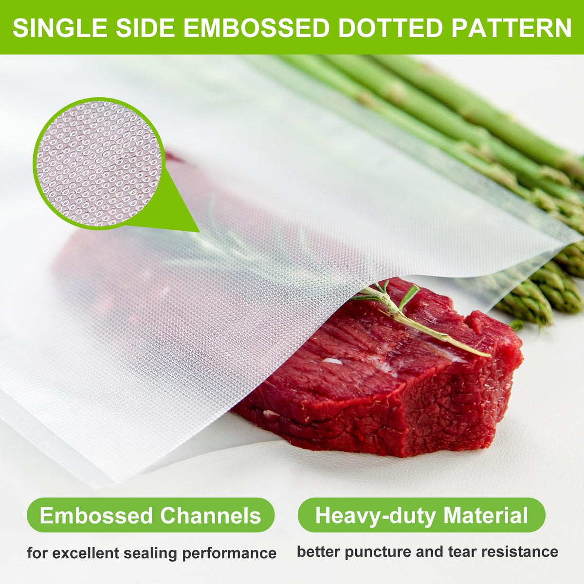 MAGIC SEAL heavy-duty bags with a clear smooth side for easy content viewing.