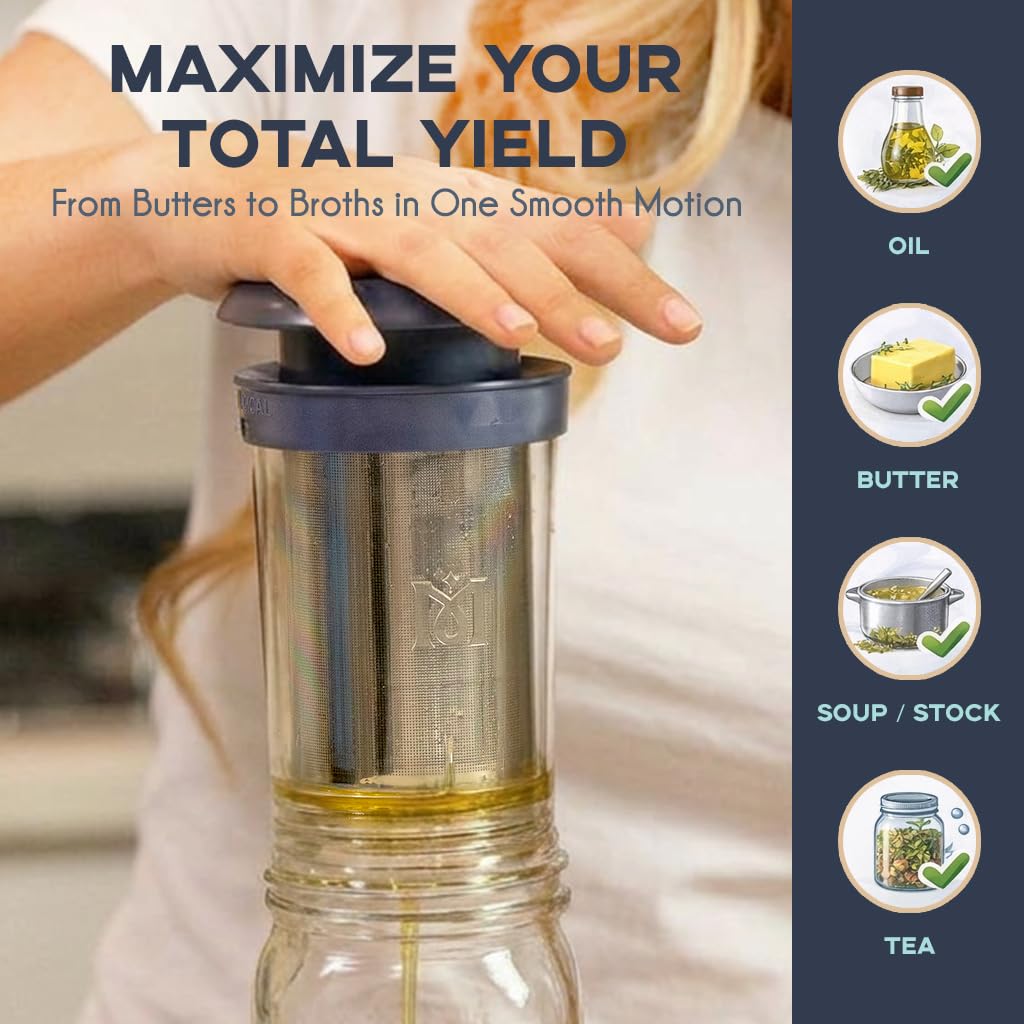 MAGICAL BUTTER filter press wide-mouth jar fit enables direct strain-and-store.