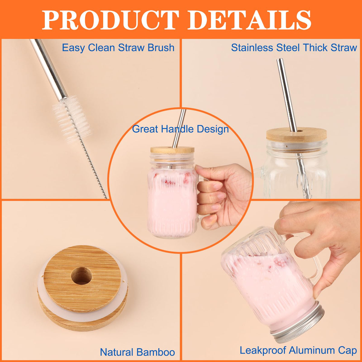 Magicsky mason jar cups wide-mouth design easy filling and cleaning.