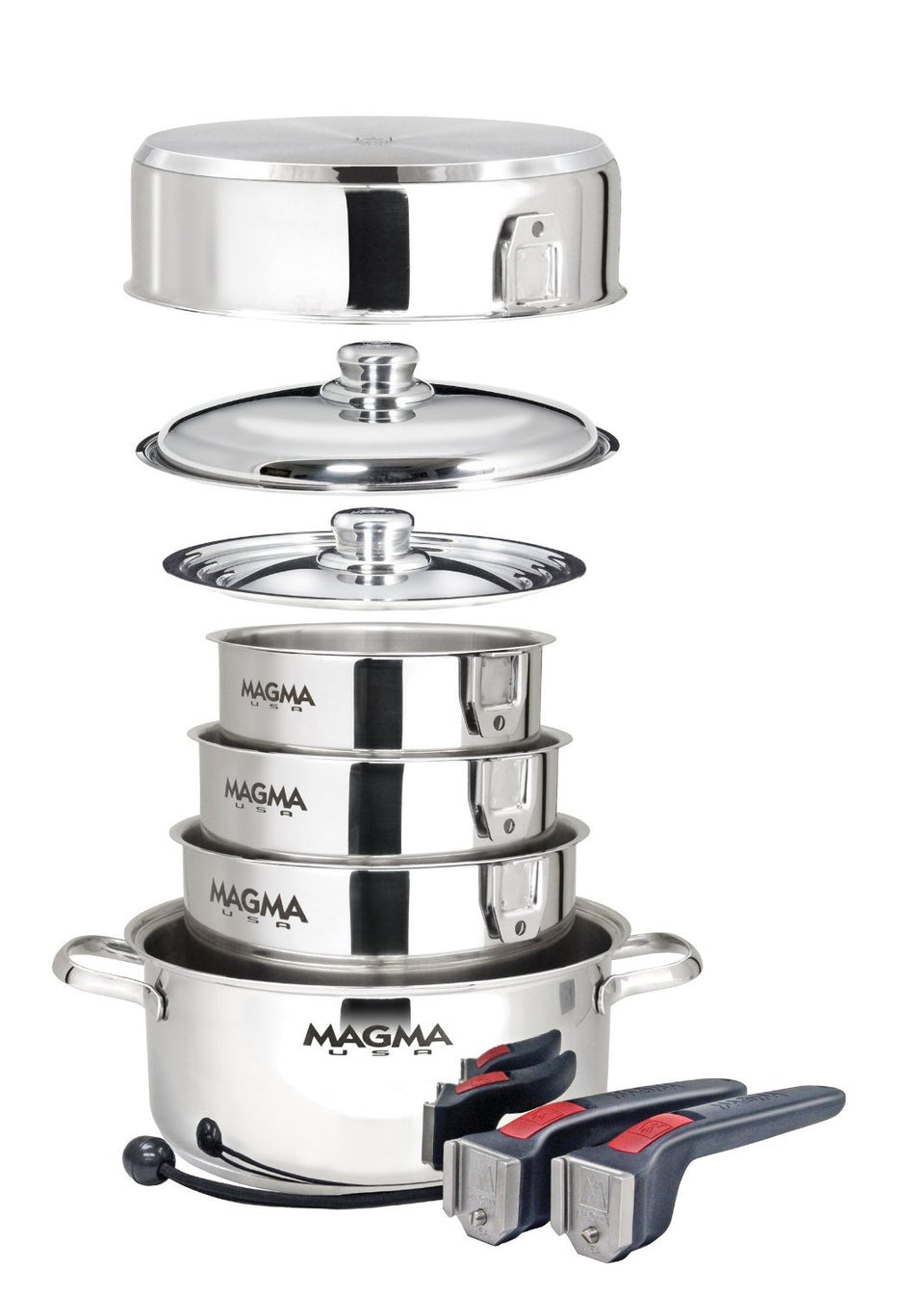 MAGMA 10-piece nested cookware set demonstrates compact storage for small kitchens.
