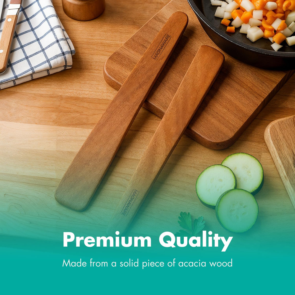 MAGNAWARE acacia wood spatula easy-clean design for quick cleanup.