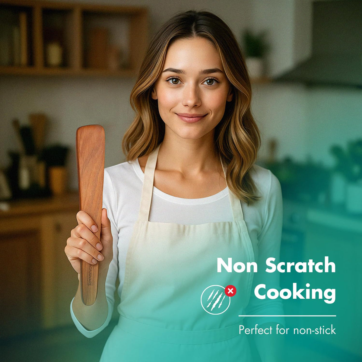 MAGNAWARE acacia wood spatula egg flip for delicate cooking.