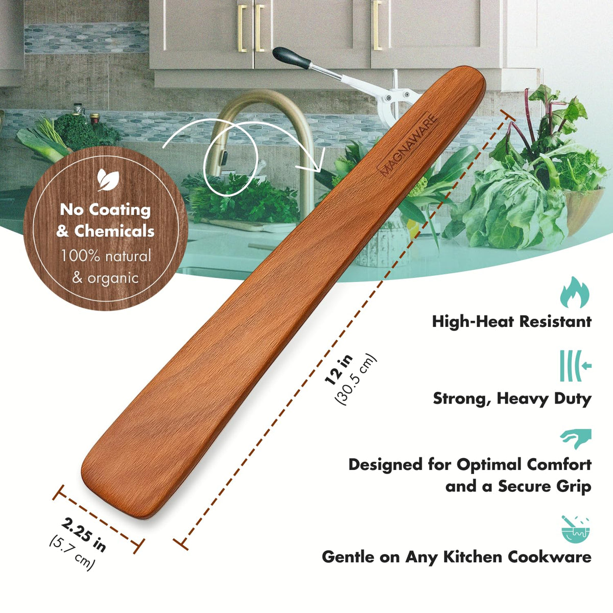 MAGNAWARE acacia wood spatula handle close-up, ergonomic grip for comfortable flipping.