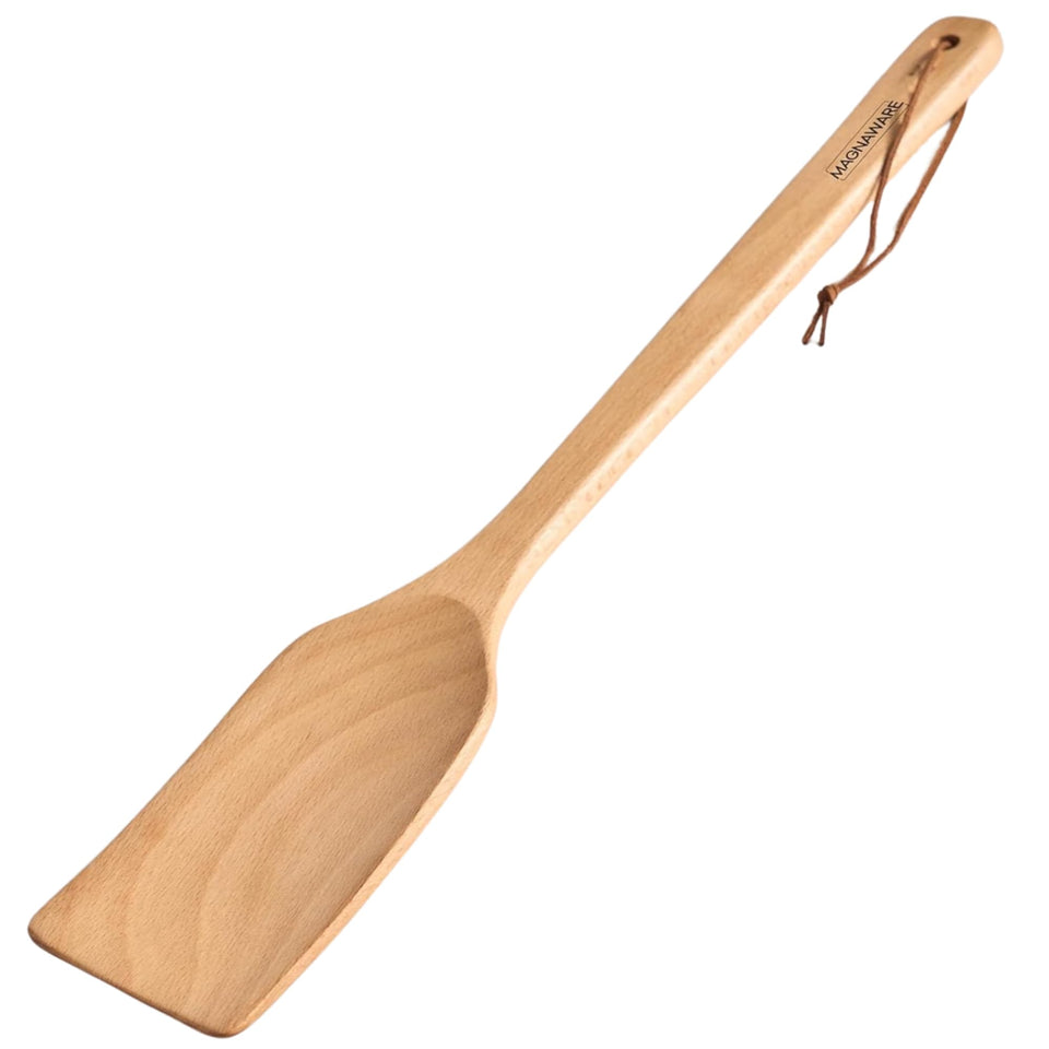 Magnaware extra-long wooden spatula 18-inch reaches pot bottoms safely.