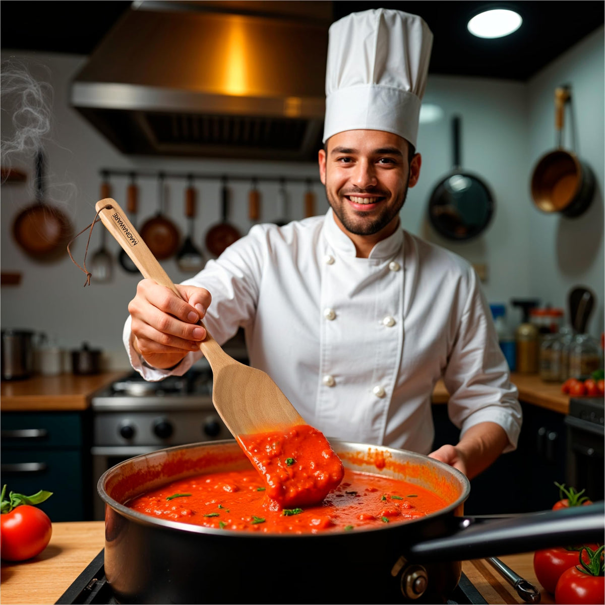 Magnaware jambalaya stirring paddle for even blending in Cajun pots.