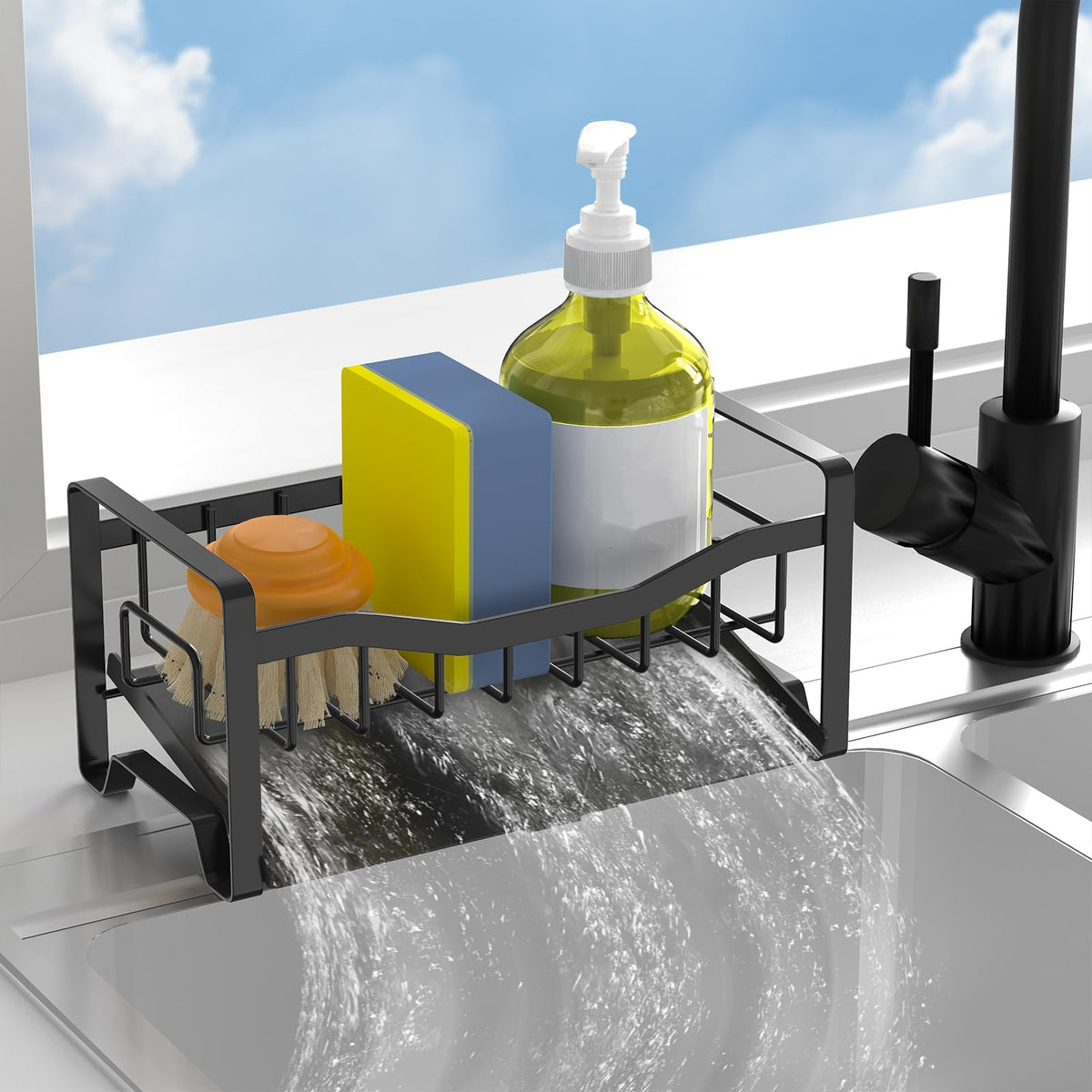 Maifan sink caddy with automatic drain tray keeps countertops dry and organized.