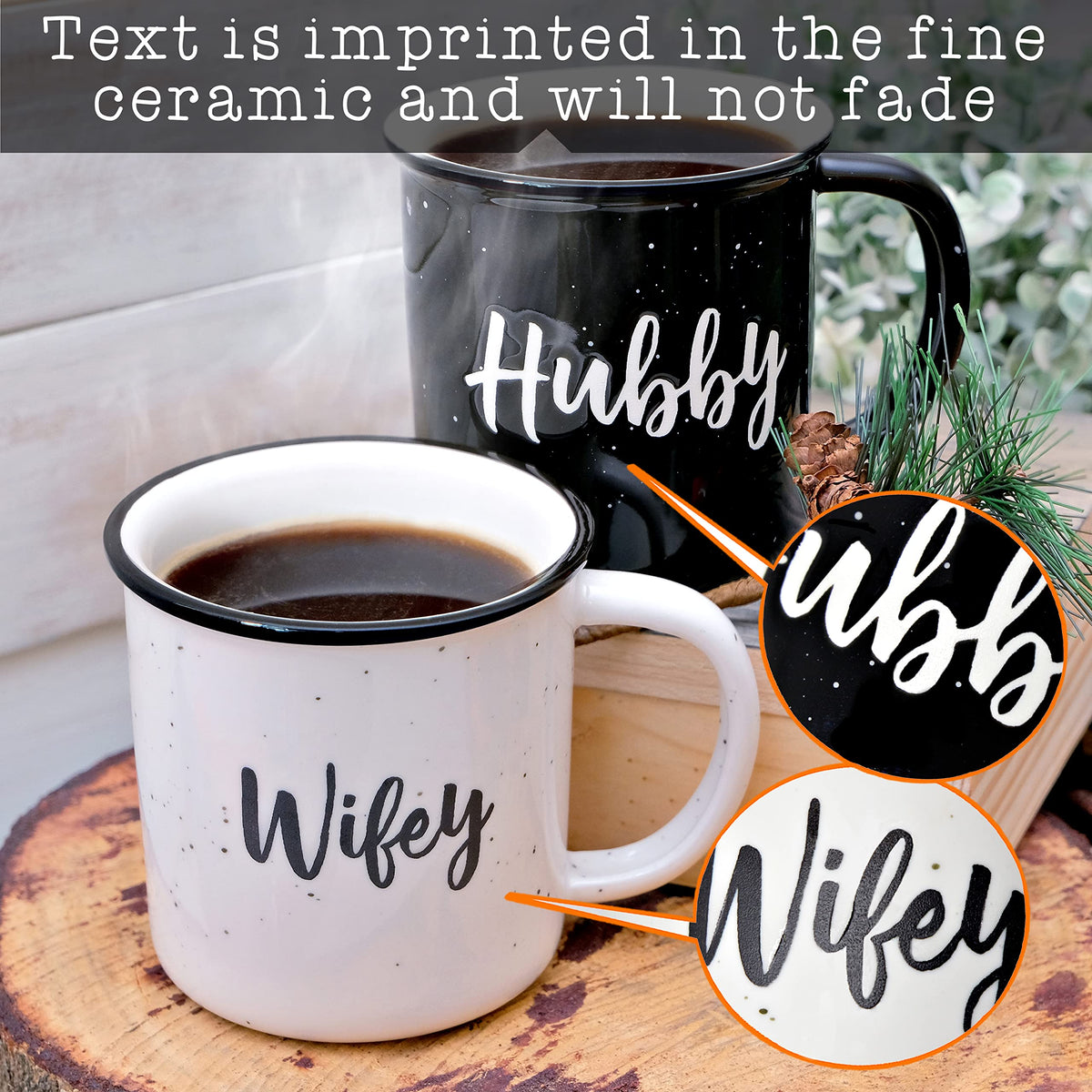 MAINEVENT Wifey Hubby mugs close-up showing vibrant text after daily use.