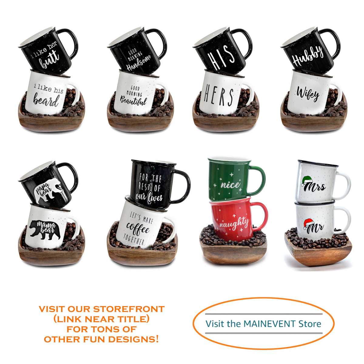 MAINEVENT Wifey Hubby mugs pair on shelf showcasing his and hers design.