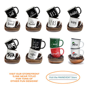 MAINEVENT Wifey Hubby mugs pair on shelf showcasing his and hers design.