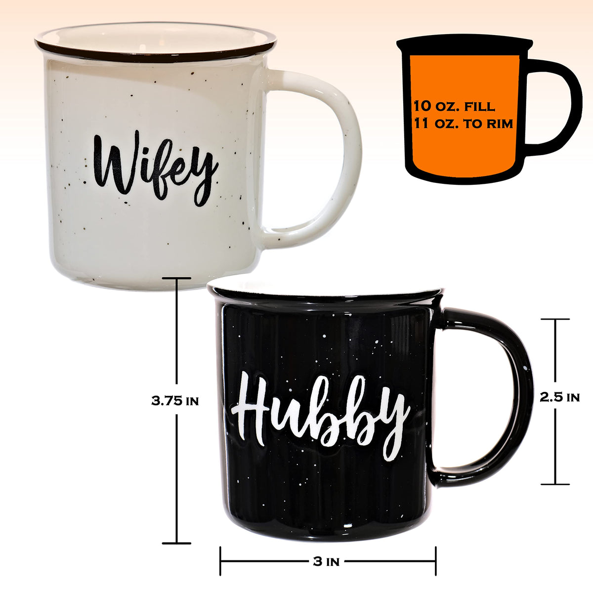 MAINEVENT Wifey Hubby mugs with speckled glaze on kitchen counter.