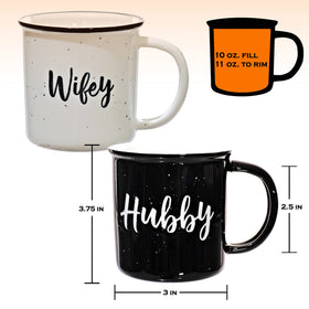 MAINEVENT Wifey Hubby mugs with speckled glaze on kitchen counter.