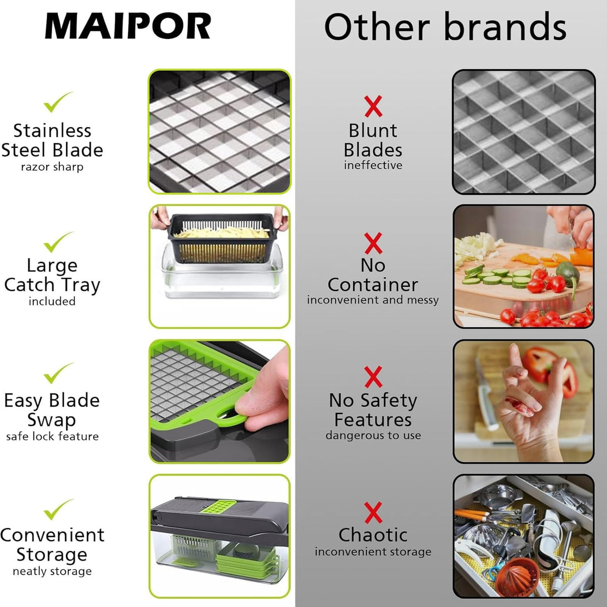 MAIPOR 8 blades provide precise slicing, dicing, and shredding options.