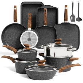 MAISON ARTS 17-piece set laid out, granite nonstick coating for effortless release and cleanup.
