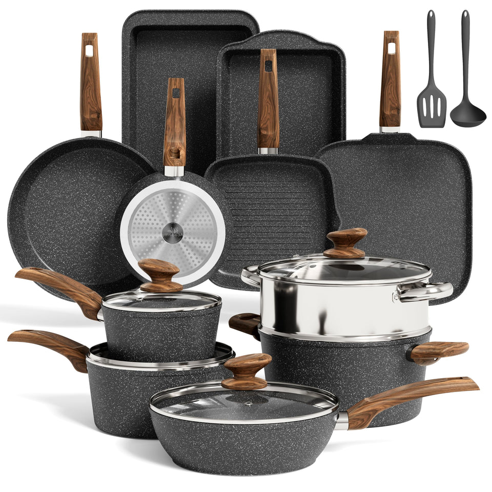 MAISON ARTS 17-piece set laid out, granite nonstick coating for effortless release and cleanup.