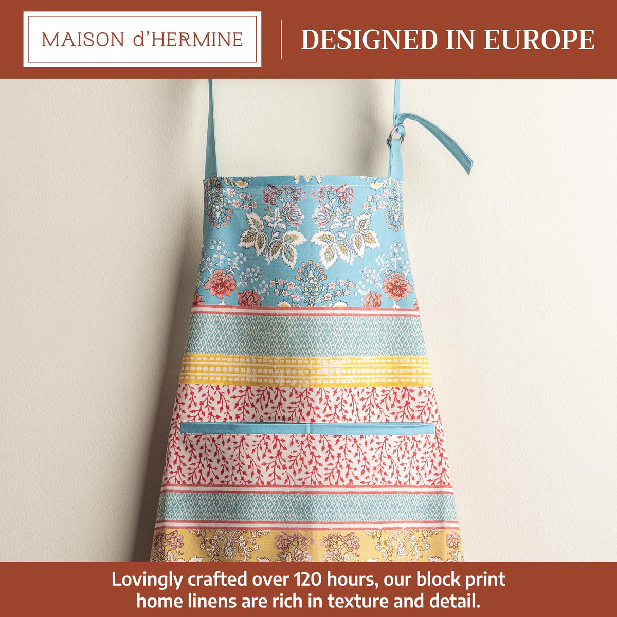 Maison d'Hermine adjustable-neck apron secures a comfortable fit during long kitchen tasks.