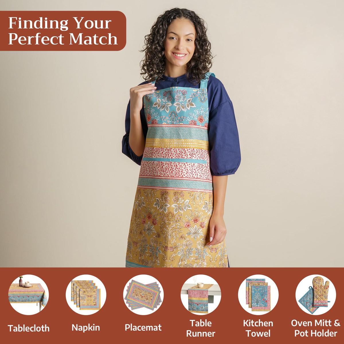 Maison d'Hermine apron pocket image highlights practical use while cooking or cleaning.