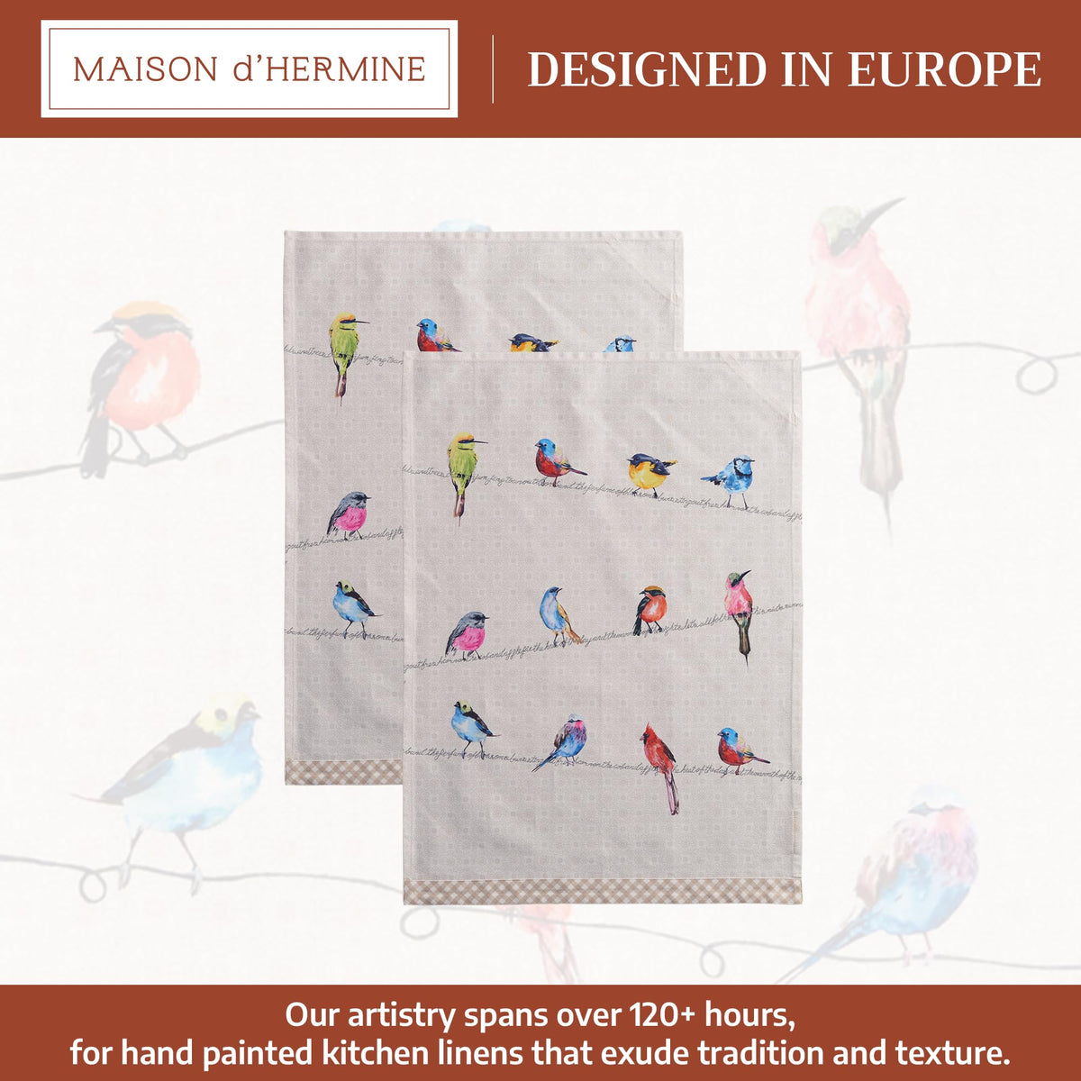 Maison d'Hermine Birdies on Wire towel adds decorative dining charm.