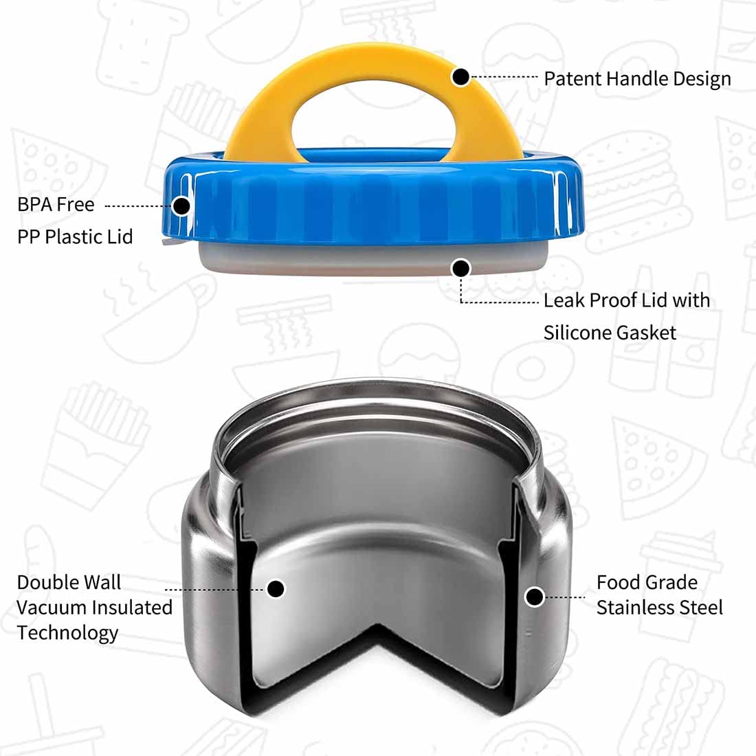 MAISON HUIS leak-proof lid shown on blue thermo for quick, kid-friendly lunch access.