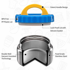 MAISON HUIS leak-proof lid shown on blue thermo for quick, kid-friendly lunch access.