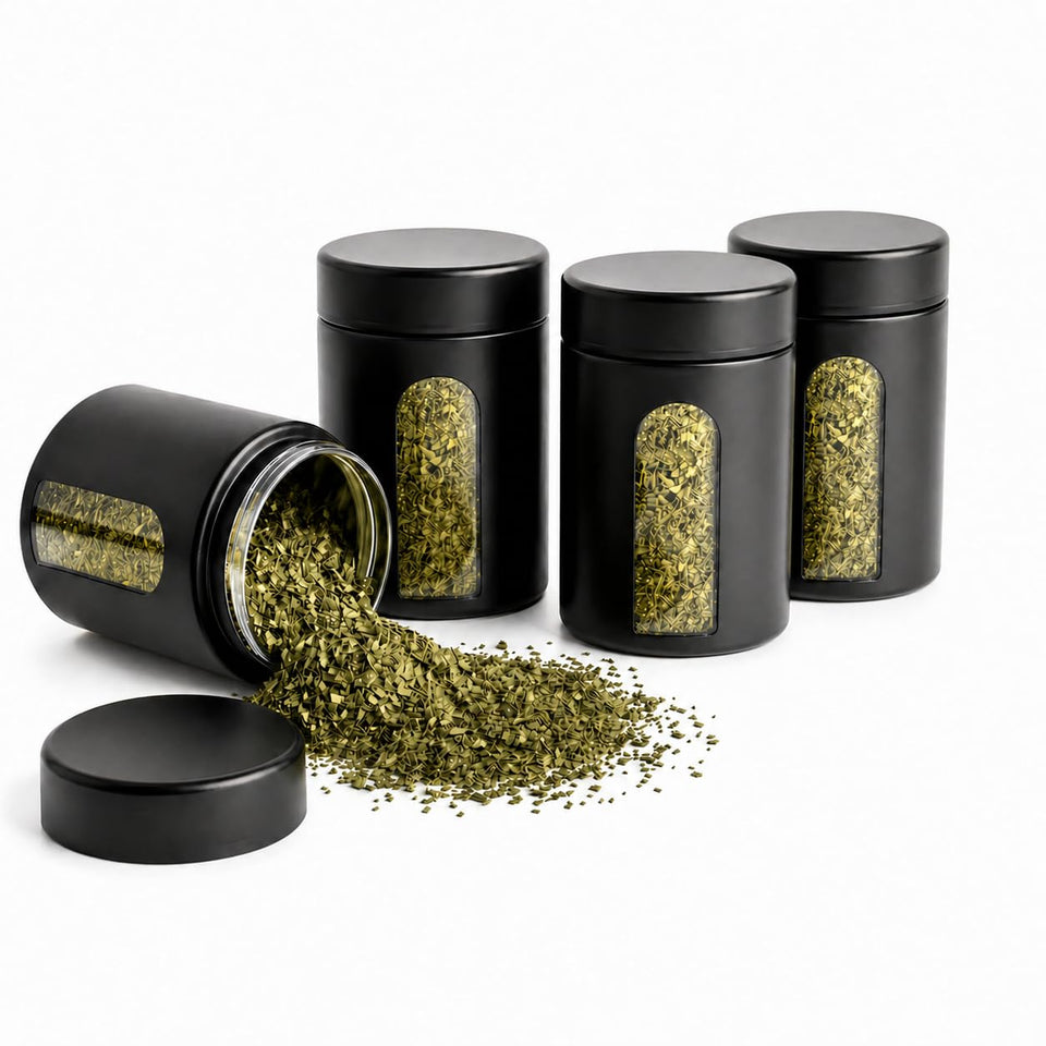 MaizijE smell-proof jar 4oz viewing demonstrates airtight storage for spices and tea.