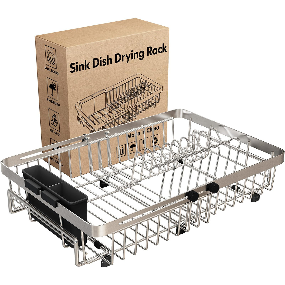 MAJALiS over-sink dish drying rack extended to fit small sinks, saving counter space.