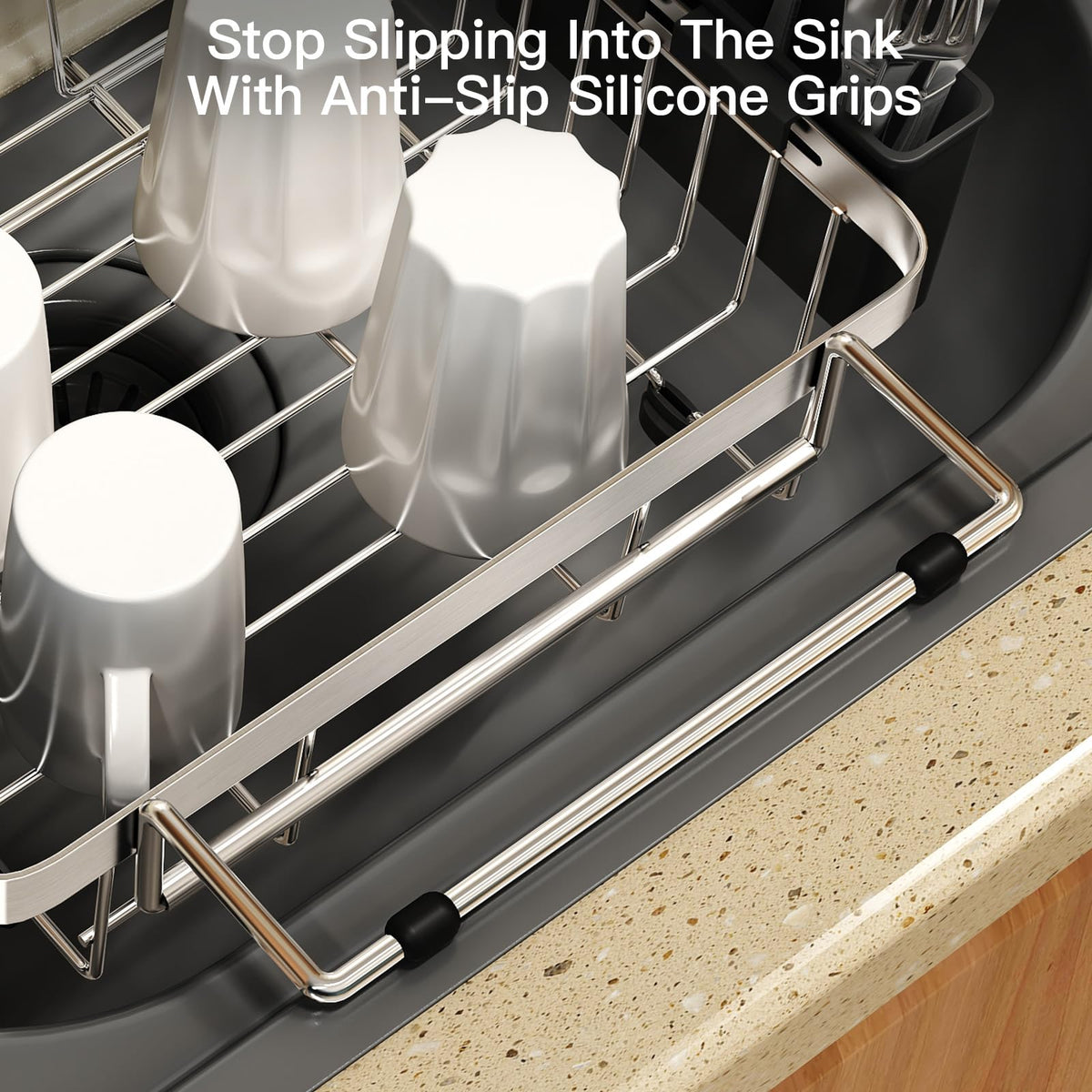 MAJALiS protective feet prevent scratches while moving the rack across stainless steel surfaces.