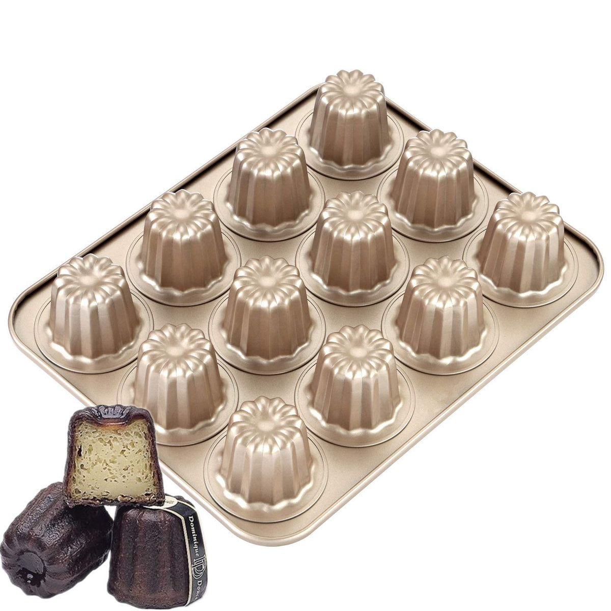 MAKABAKA The Love 12-Cavity Canele Pan in gold delivers even baking across all cups.