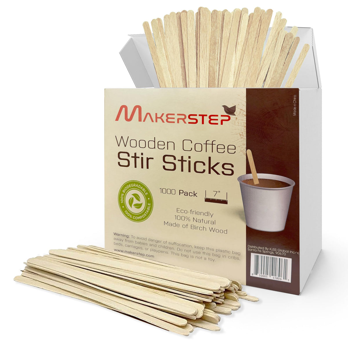 Makerstep birch wood stir sticks in a box for organized office use.