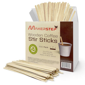 Makerstep birch wood stir sticks in a box for organized office use.