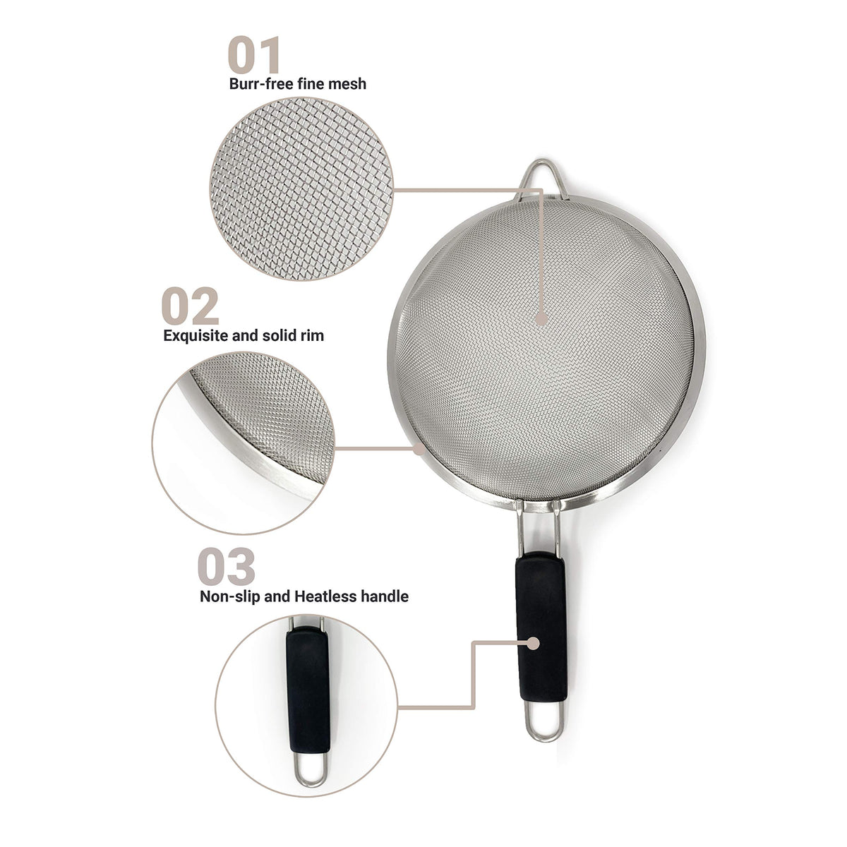Makerstep fine mesh strainer 7-7-8 inch handles larger batches with ease.