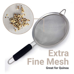 Makerstep fine mesh strainer with insulated handles protects hands during hot straining.