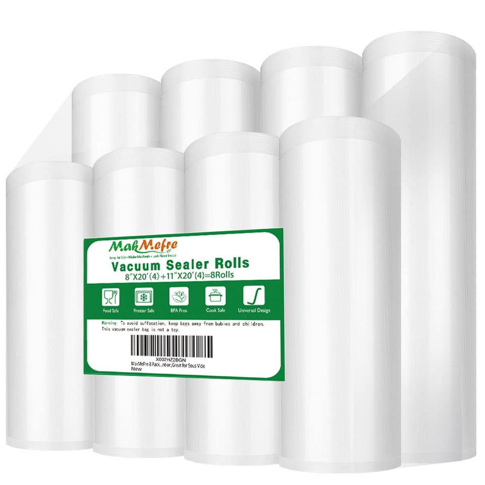 MakMeFre vacuum bags 8x20 rolls shown for compact freezer storage.