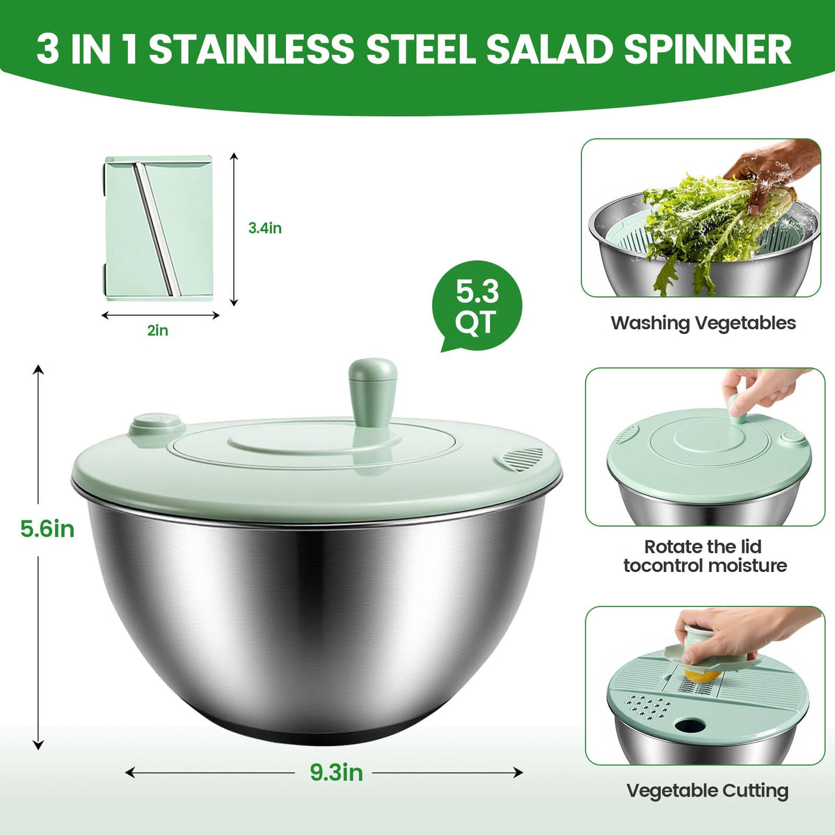 Makmvney salad spinner with a non-slip base for stable countertop use.