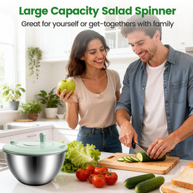 Makmvney salad spinner with one-touch stop for fast, convenient operation.