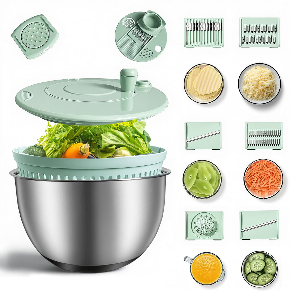 Makmvney 3-in-1 stainless steel salad spinner for washing, drying, and chopping.