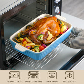 MALACASA Bake.Bake blue-handled casserole close-up for easy lifting