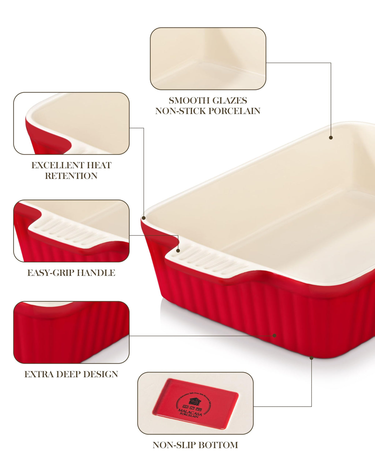 MALACASA deep casserole dish with glaze resists stains and sticking