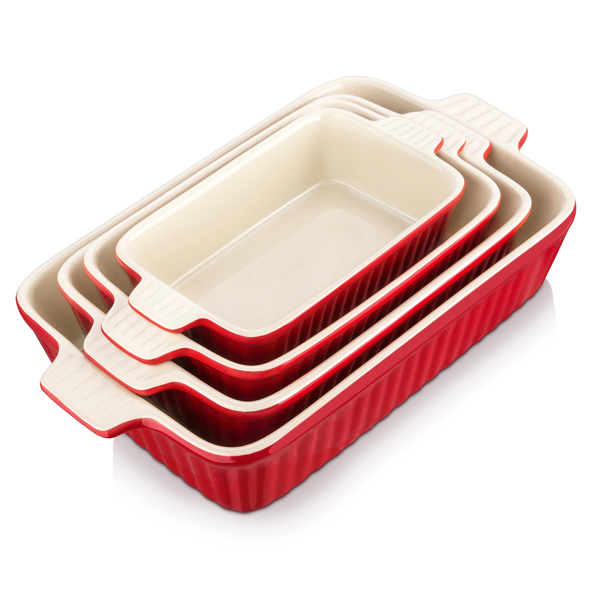 Malacasa four-piece porcelain bakeware set in red for versatile oven-to-table use.