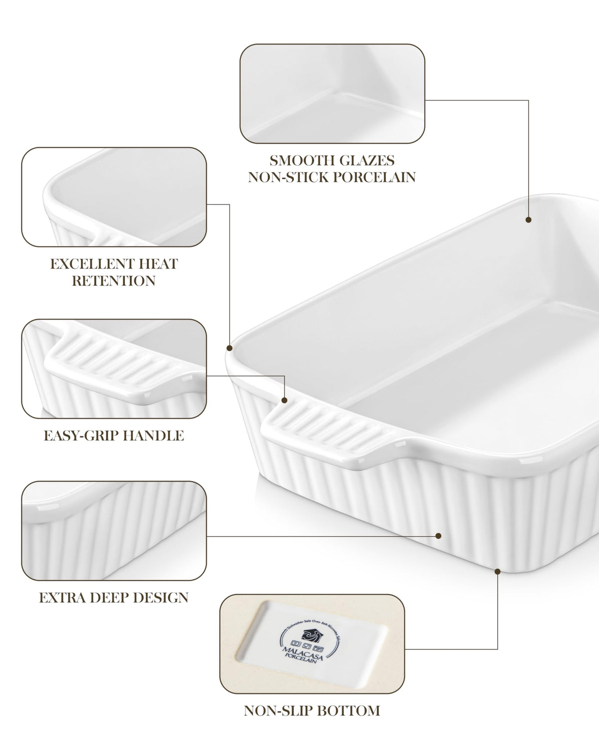 MALACASA baking dish glazed interior and exterior for easy cleaning