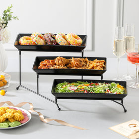 MALACASA cake and fruit setup on a stylish tiered stand