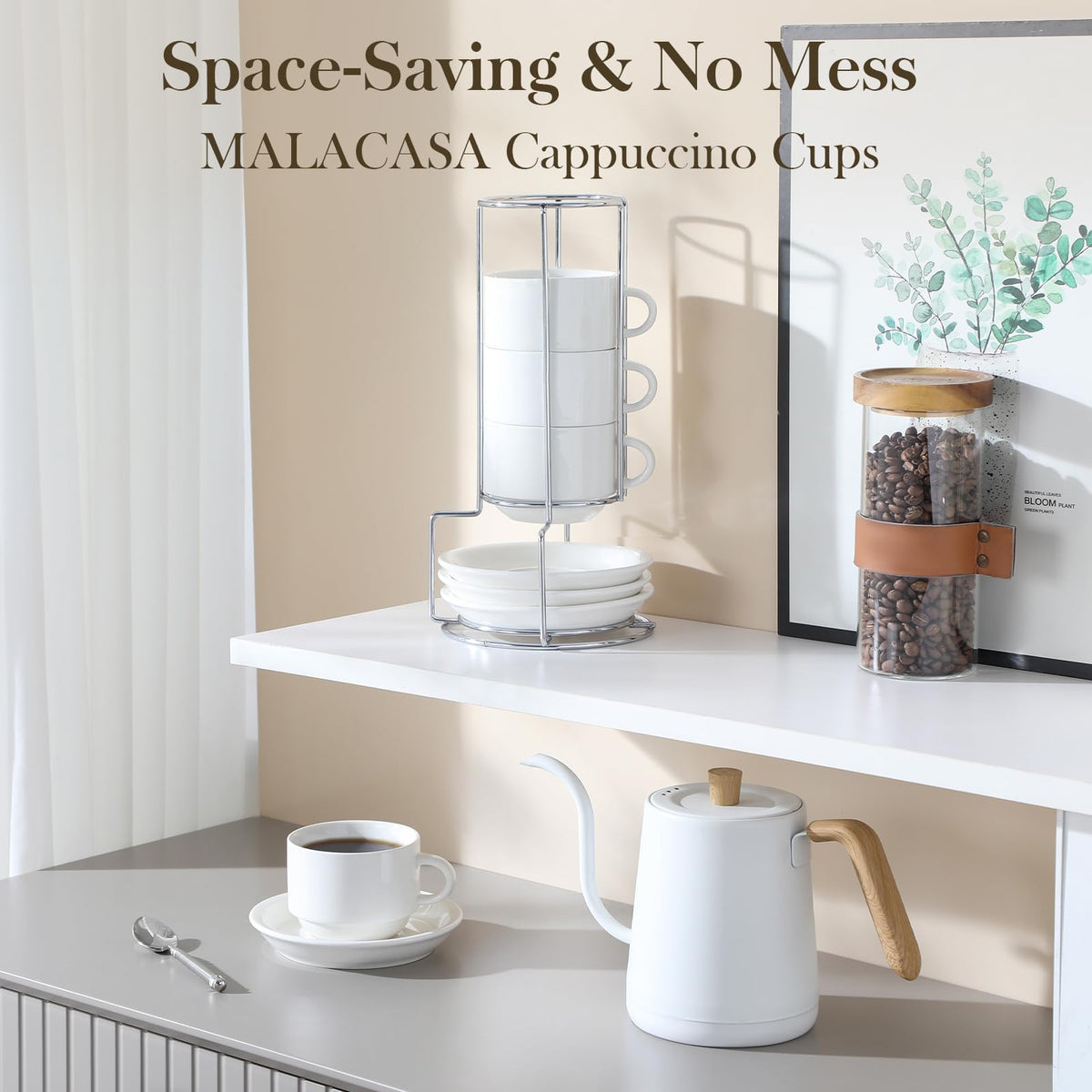 MALACASA cappuccino cups and saucers paired with the metal stand.