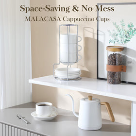 MALACASA cappuccino cups and saucers paired with the metal stand.