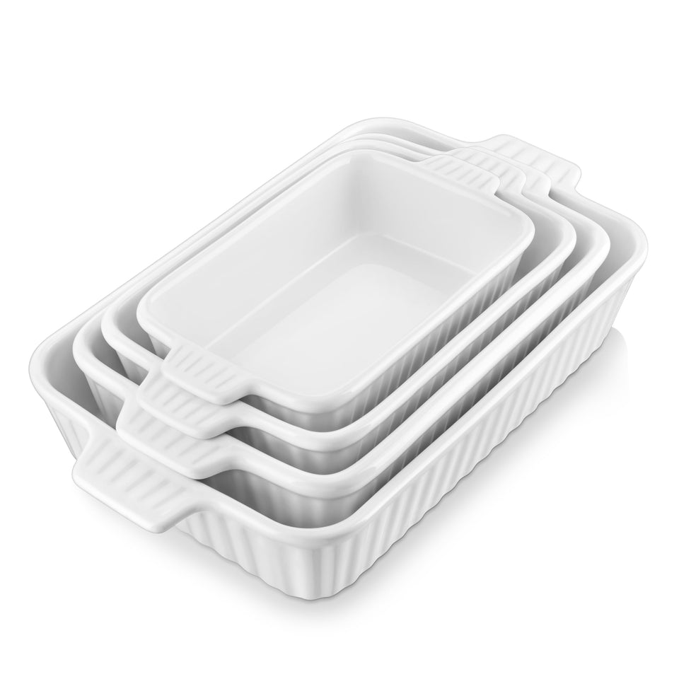 MALACASA four-piece casserole set on kitchen counter for versatile oven-to-table use.