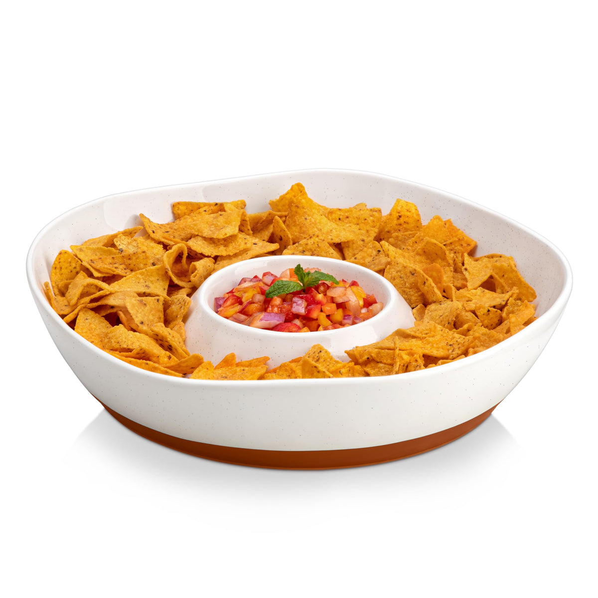 MALACASA ceramic chips and dip tray with separate sections for unmixed flavors.