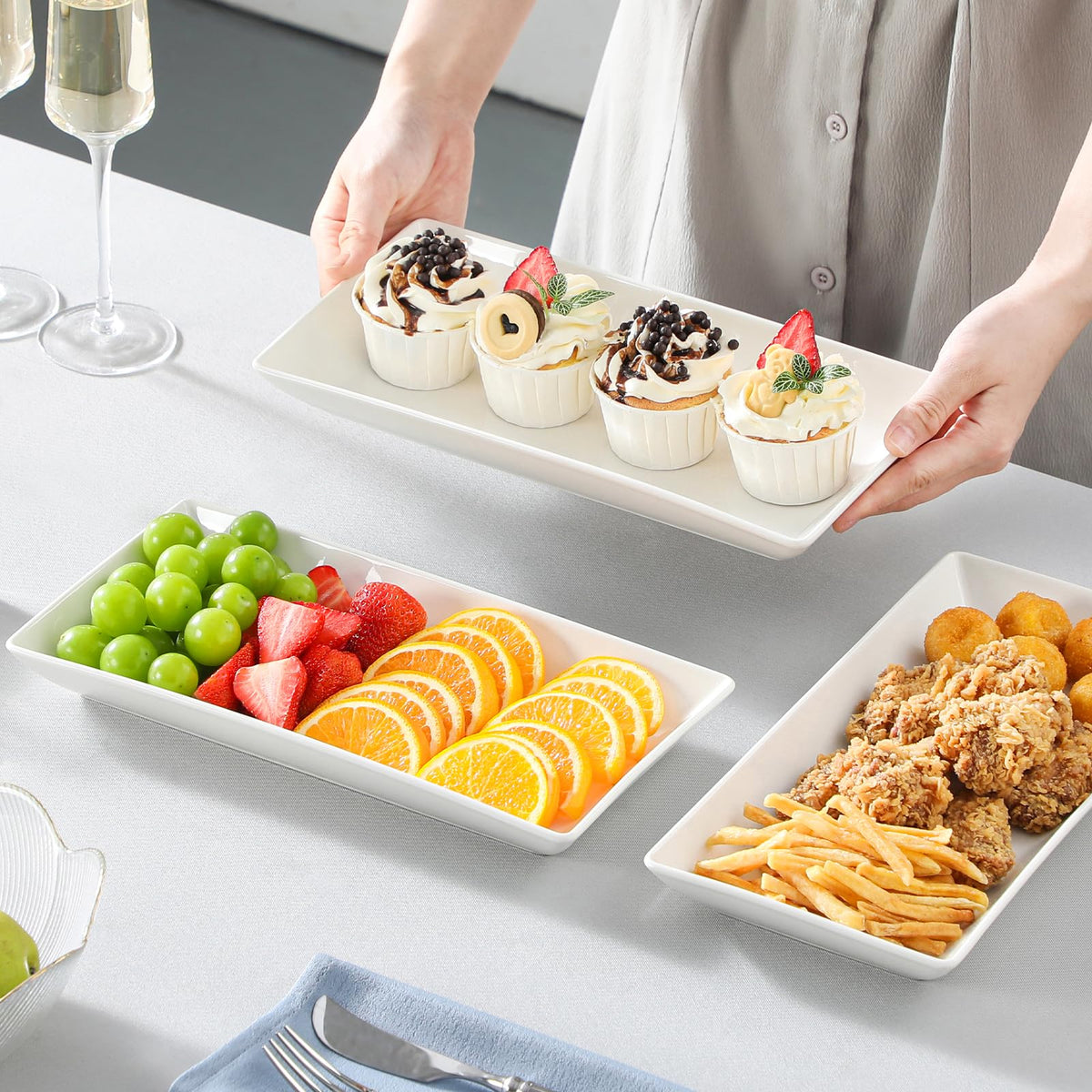 MALACASA porcelain trays safe for dishwasher, microwave, oven, and fridge.
