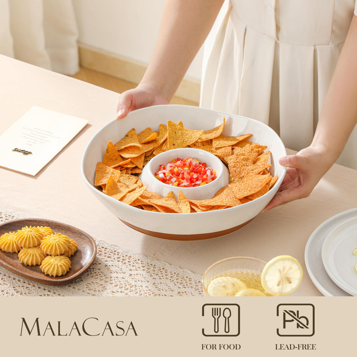 MALACASA divided bowls on a 12-inch tray keep chips and dips organized.